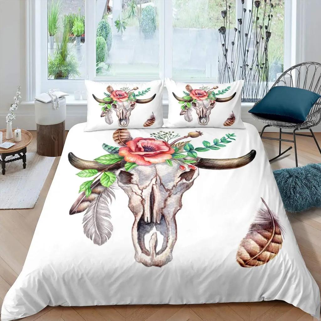 Bull Skull Duvet Cover Chic Feather Bedding Bohemian Exotic Branches Flower for Kids Teens Women Men Room Decoration Quilt Cover