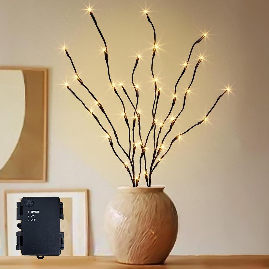 PEIDUO Lighted Brown Branches with Timer, 30Inch 3PK 60 LED Pathway Lights, Willow Branch Lights for Home Decorations Indoor Apartment Outdoor Stake