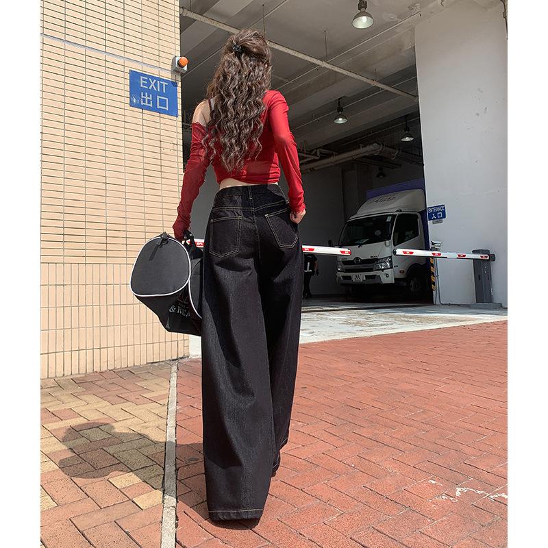 Black wide-leg jeans women's autumn and winter new straight loose high waist lazy and thin floor long pants