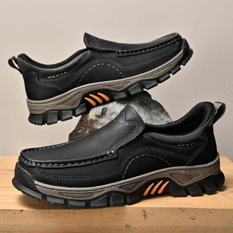 Men's Waterproof Slip On Faux Leather Hiking Shoes for Male Outdoor Non-Slip Walking Sneakers Casual Loafers Work Shoes Comfortable Short Boots