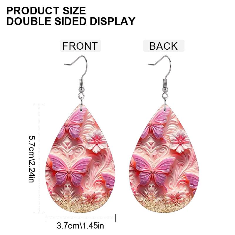 Vibrant Spring Blue Pink Butterflies with Floral PU Earrings for Women, Y2K Pink Color Double Sided Print Waterdrop Earrings
