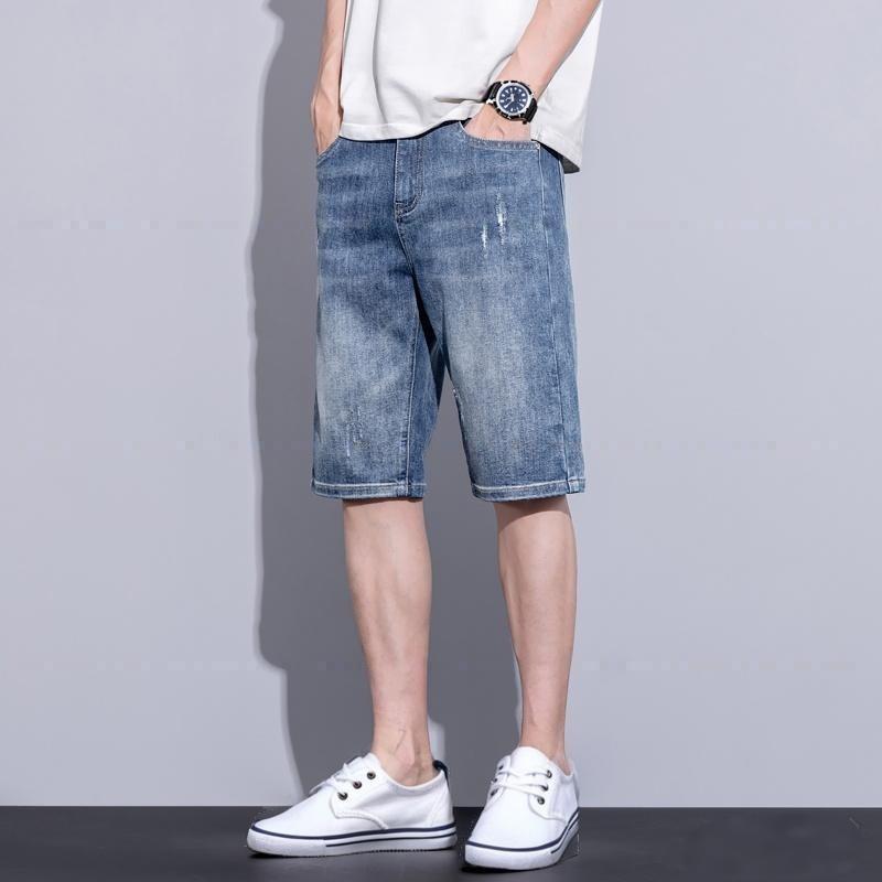 Summer thin denim shorts men's versatile ice oxygen casual pants trendy brand summer loose straight five-point breeches