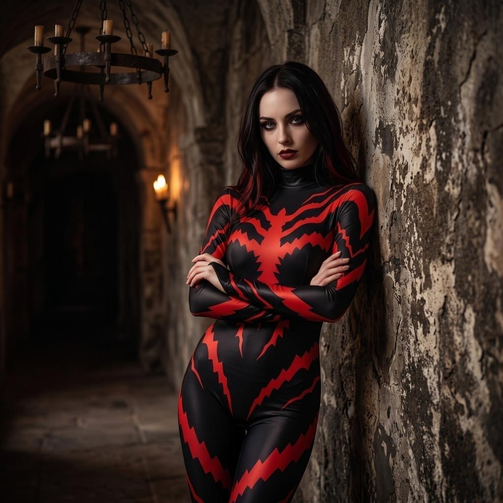 Felnőtt Rémisztő Body Halloween Party Jelmez Fekete Piros Magas Sztreccs Nyomtatott
