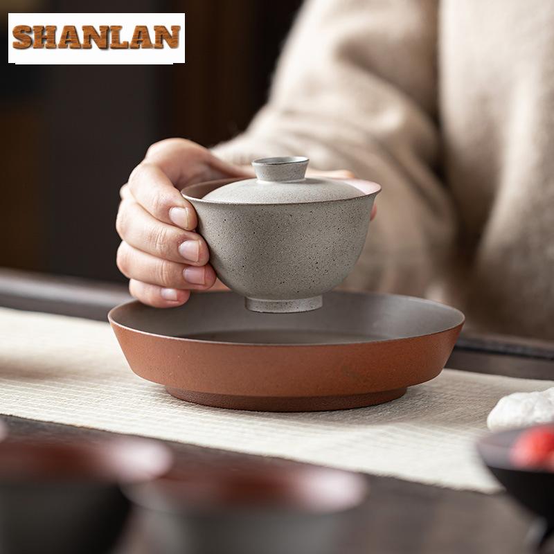 80ml Handmade Gray Coarse Pottery Gaiwan Retro Not Hot Respecting Tea Tureen Chinese Tea Maker Cover Bowl Cafe Accessories Craft