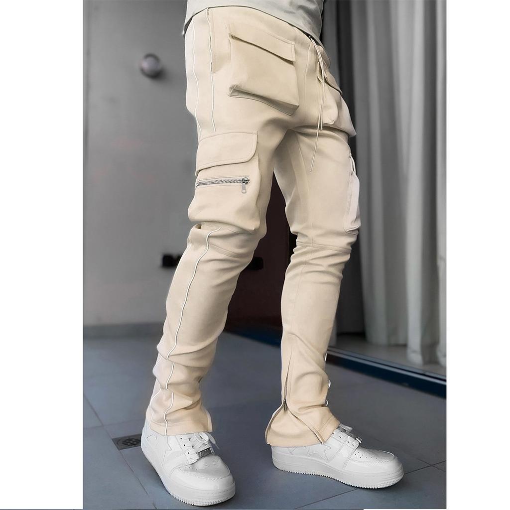 Spring and Autumn Workwear Pants Men's Trendy Brand Elastic Multi Pocket Reflective Straight Tube Sports FitnessPants Men