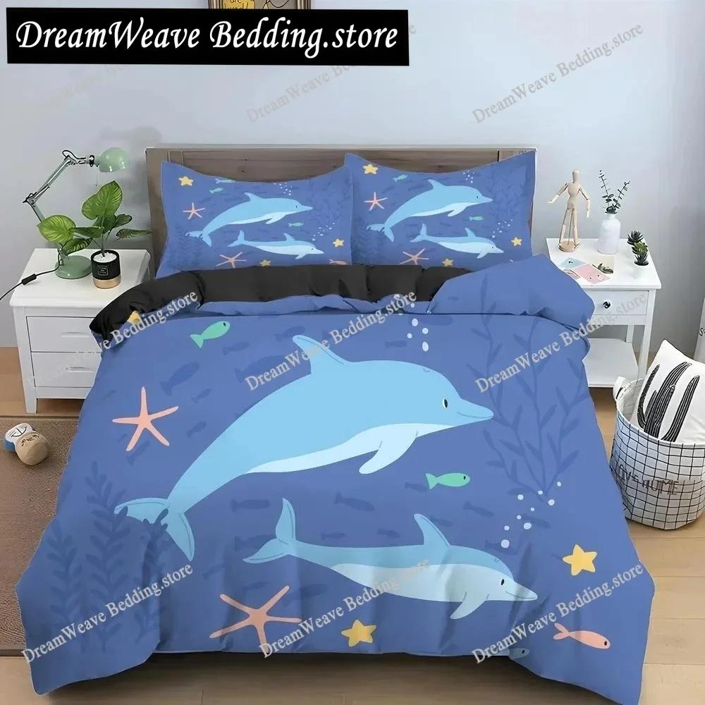 Bule Dolphin Whale King Queen Duvet Cover Underwater World Bedding Set Cartoon Sea Animal Comforter Cover Polyester Quilt Cover