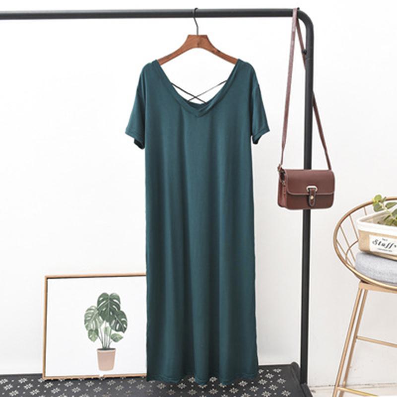 Modal Casual V-neck Dress for Women Summer Backless Cross Tie Short Sleeve Dress Solid Loose Breathable Lightweight Comfortable Plus Long Dress
