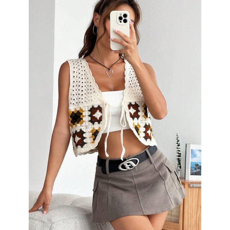 European and American Amazon Summer New V Neck Crocheted Cut Out Lace-up Short Crop Top Vest Top Vest Easiest for Match