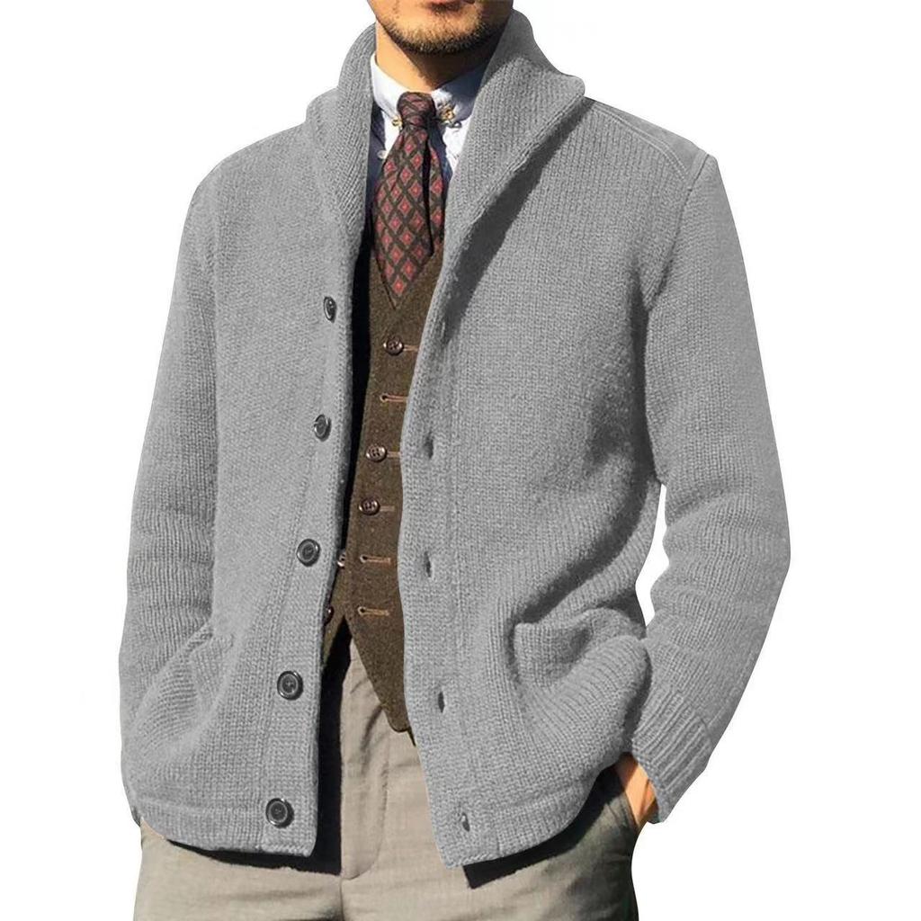 Men Knitted Coat Lapel Long Sleeve Pockets Thickened Cardigan Sweater Men Autumn Solid Buttons Placket Knitted Coat for Work