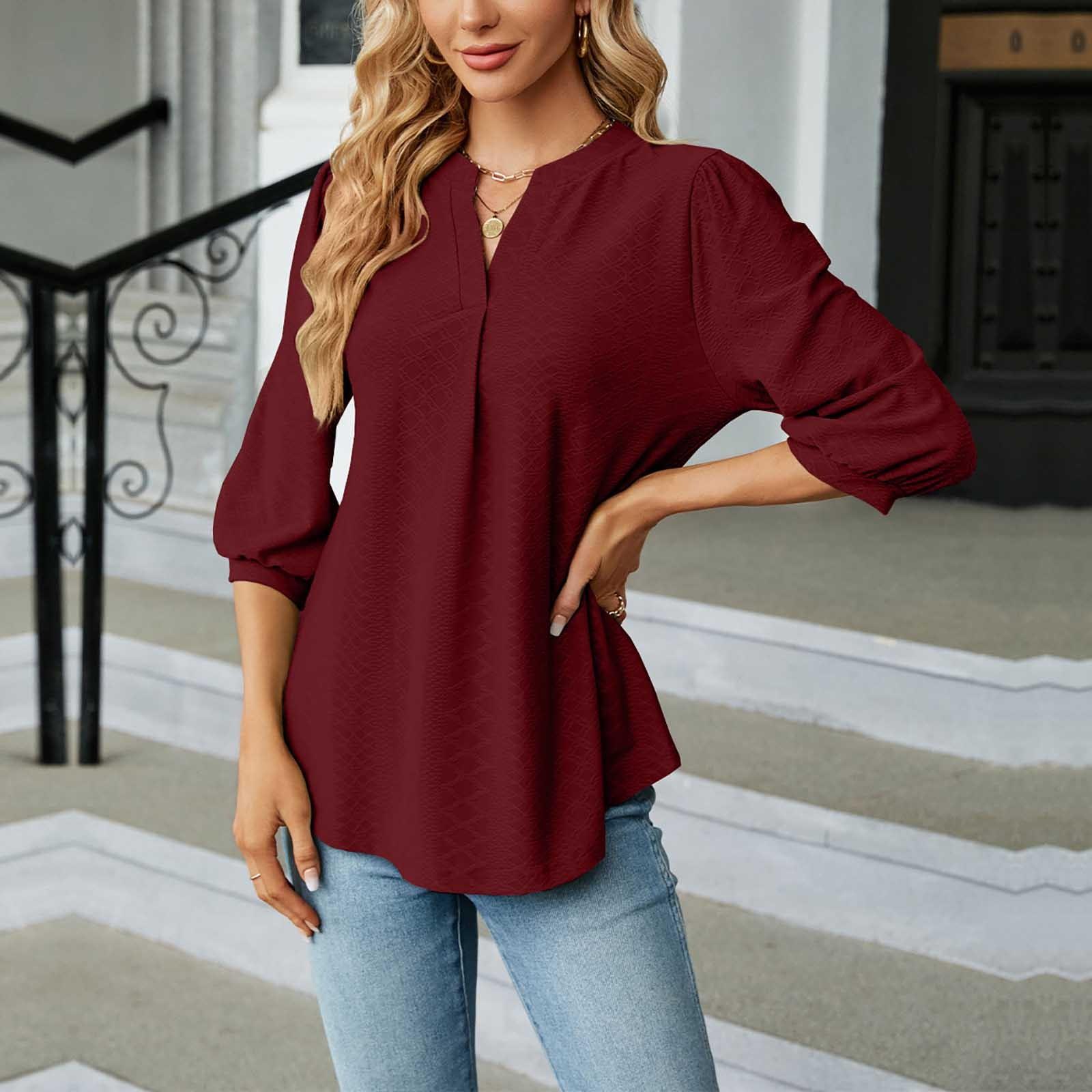 

Женская однотонная футболка с V-образным вырезом и коротким рукавом, свободный повседневный топ с рукавами три четверти L винный