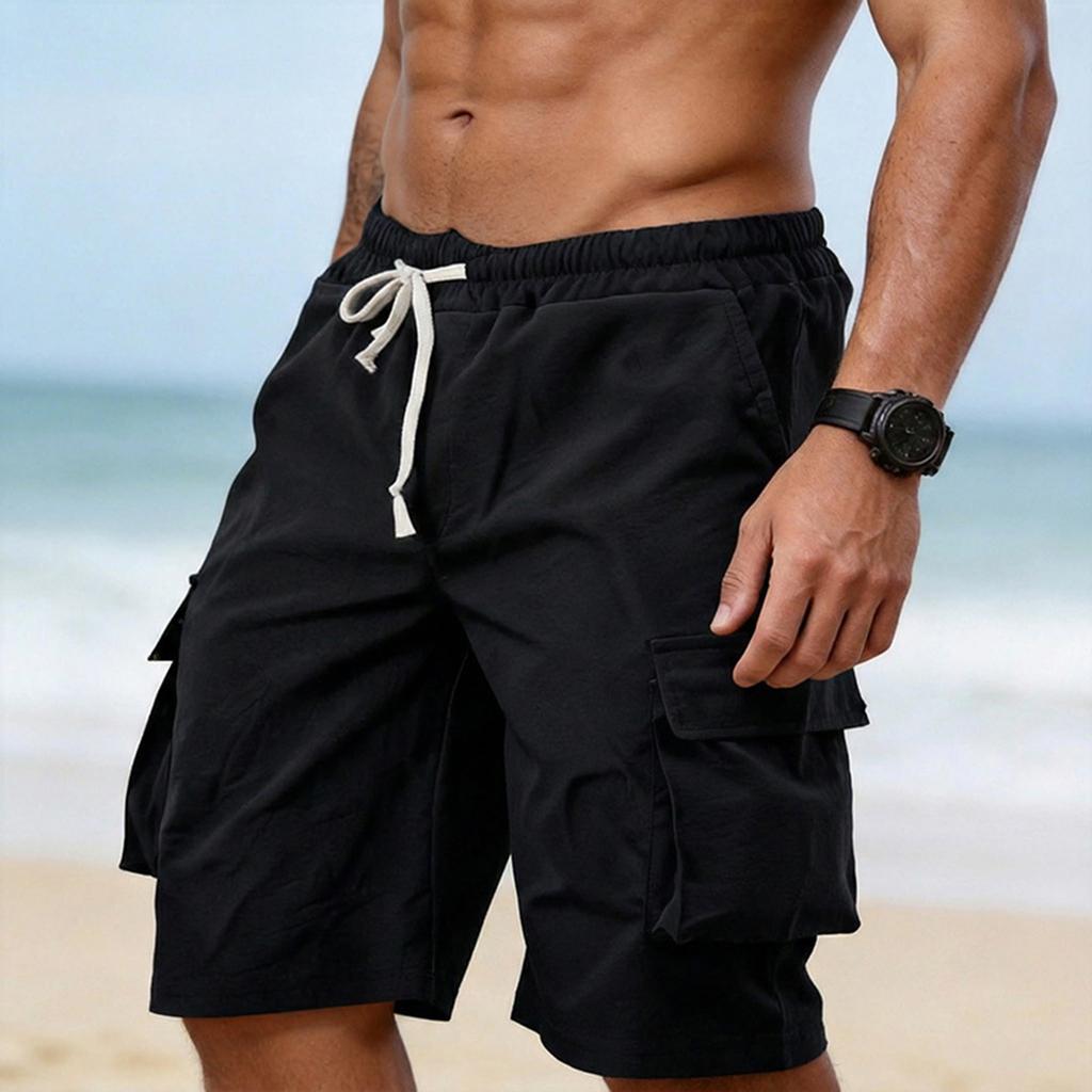 Men's Casual Outdoor Cargo Shorts Elastic Waistband Drawstring Utility Pockets Lightweight Durable Workwear Bottoms