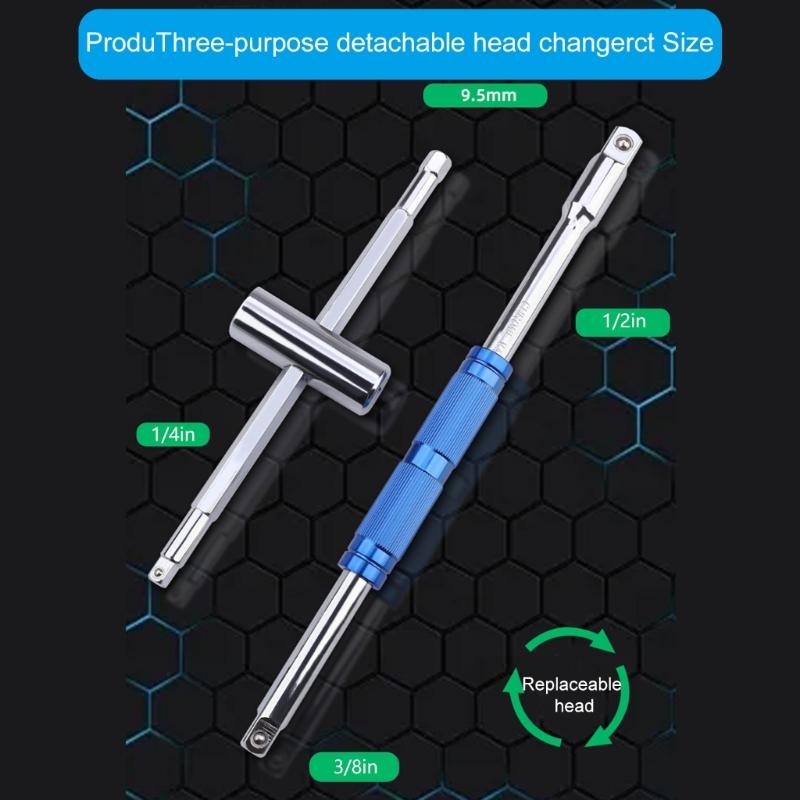 Rotating T Handle Wrenches with Sliding Levers and Interchangeable Heads for 1/2 3/8 1/4 Socket Solid High Carbon Steel
