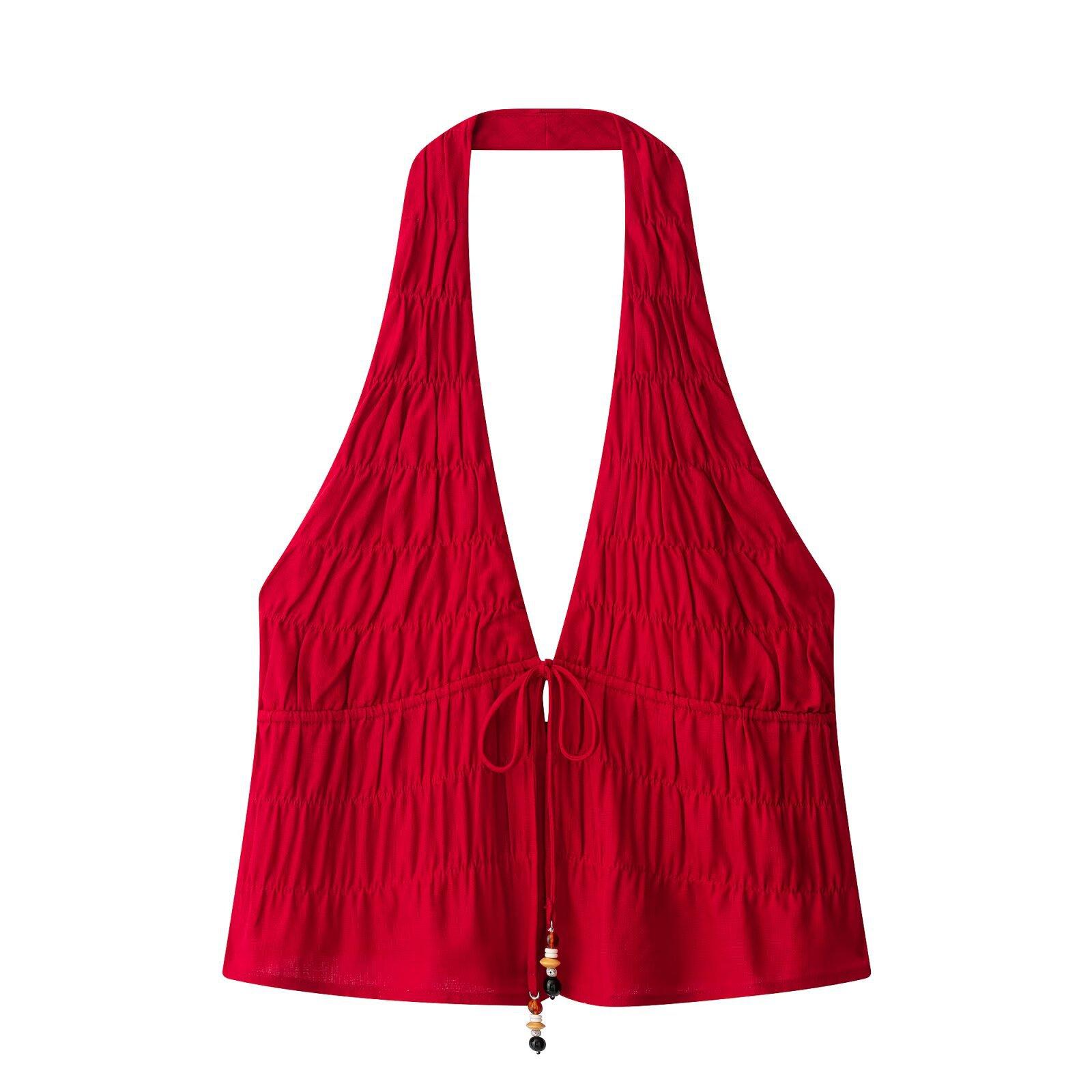 European and American style new women s clothing: linen pleated halter short top, linen pleated midi skirt XS