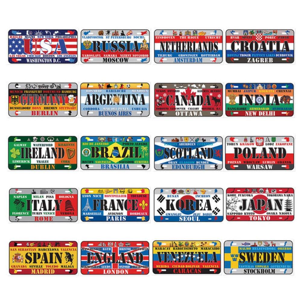 Autokennzeichen Metallblechschild Ländername Nationalflagge Kunstmalerei Bar Club Heimdeko Pin Up Wandschilder Plaketten 15x30cm