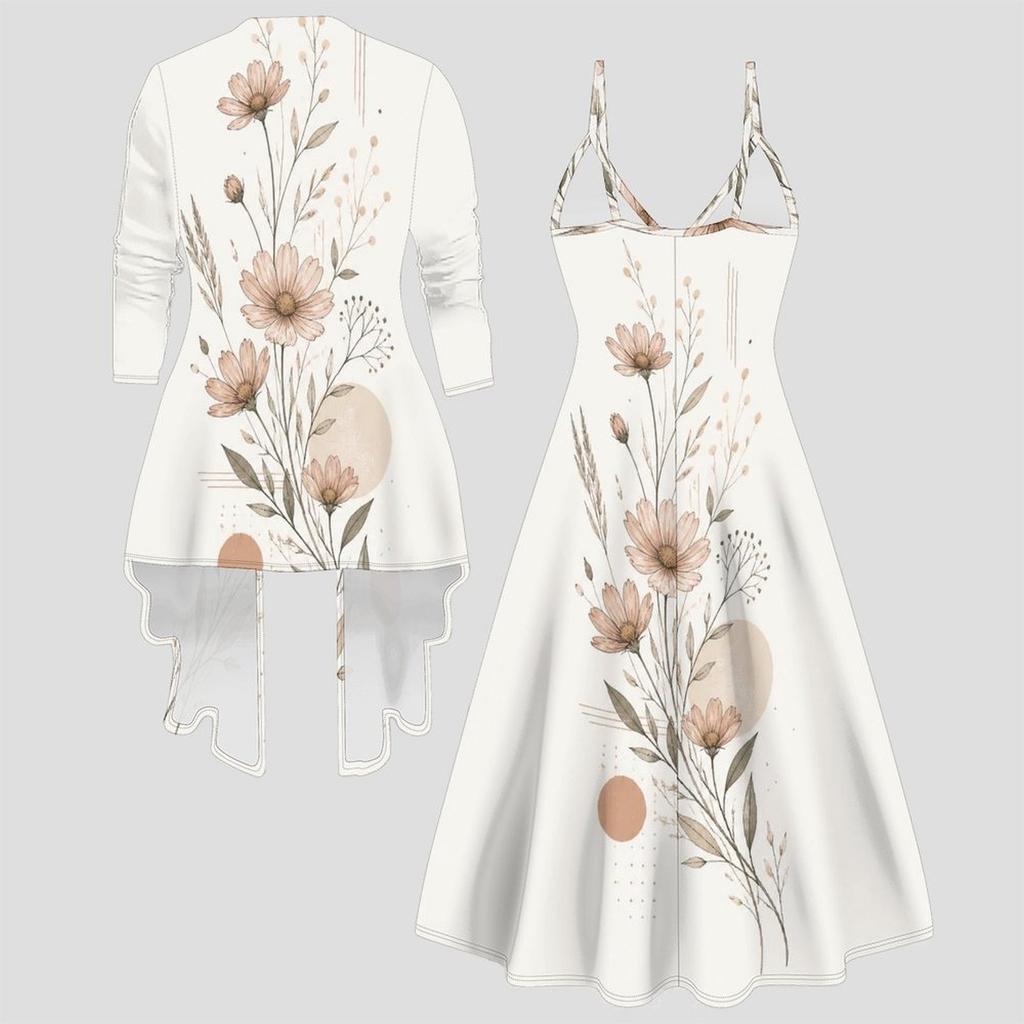 Women Plus Size Two Piece Ensemble Long Sleeve Cardigan Cami Maxi Dress