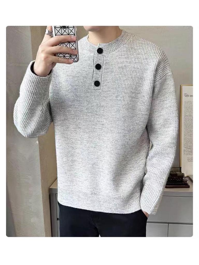 Gray Retro Henley Neck Men's Winter Sweater - Warm, High-End Knit for Cold Protection