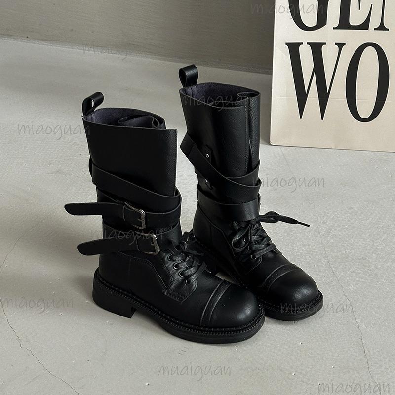 Design Metal Belt Buckle Mid Calf Boots Women 2025 Punk Medium Heel Western Cowboy Boots Autumn Winter Shoes Women 35 36