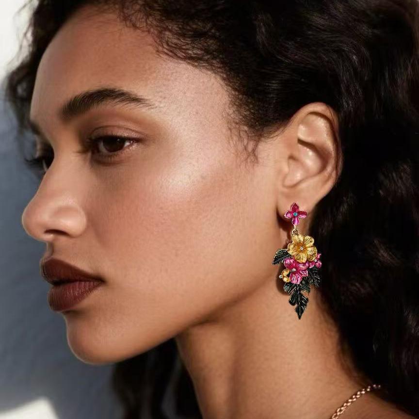 Средневековые популярные гавайские цветные эмалированные серьги-цветы с зелеными листьями