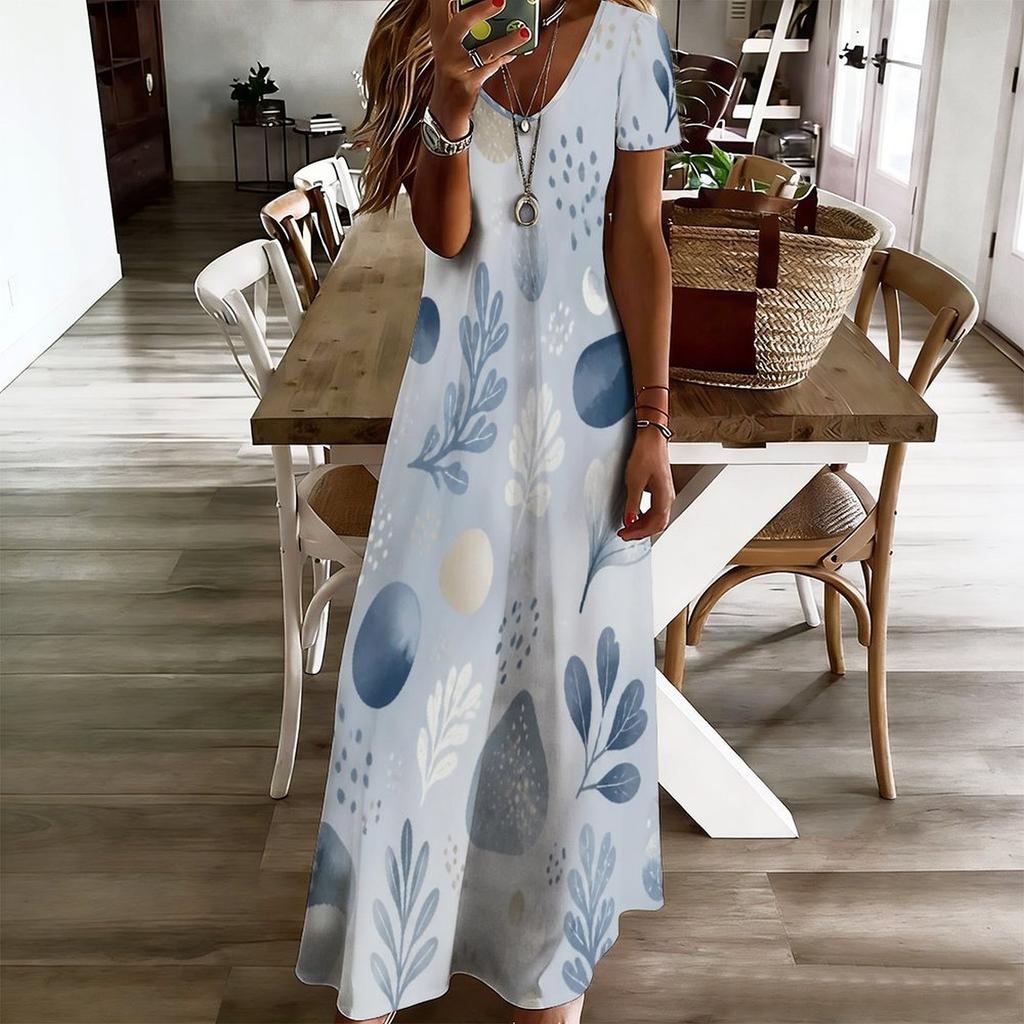 Women Plus Size V Neck Short Sleeve Printed Straight Maxi Dress