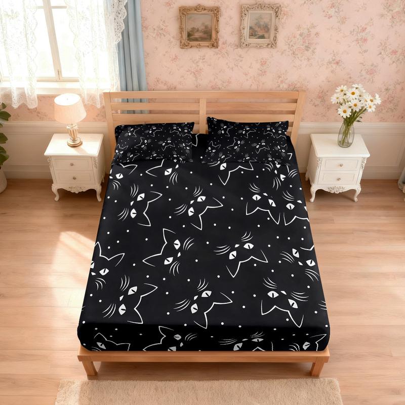 3pcs Cartoon Cute Cat Printed Chipless Bed Sheet Set Multi Size Soft Bed Cover Bedroom Bedding Decoration