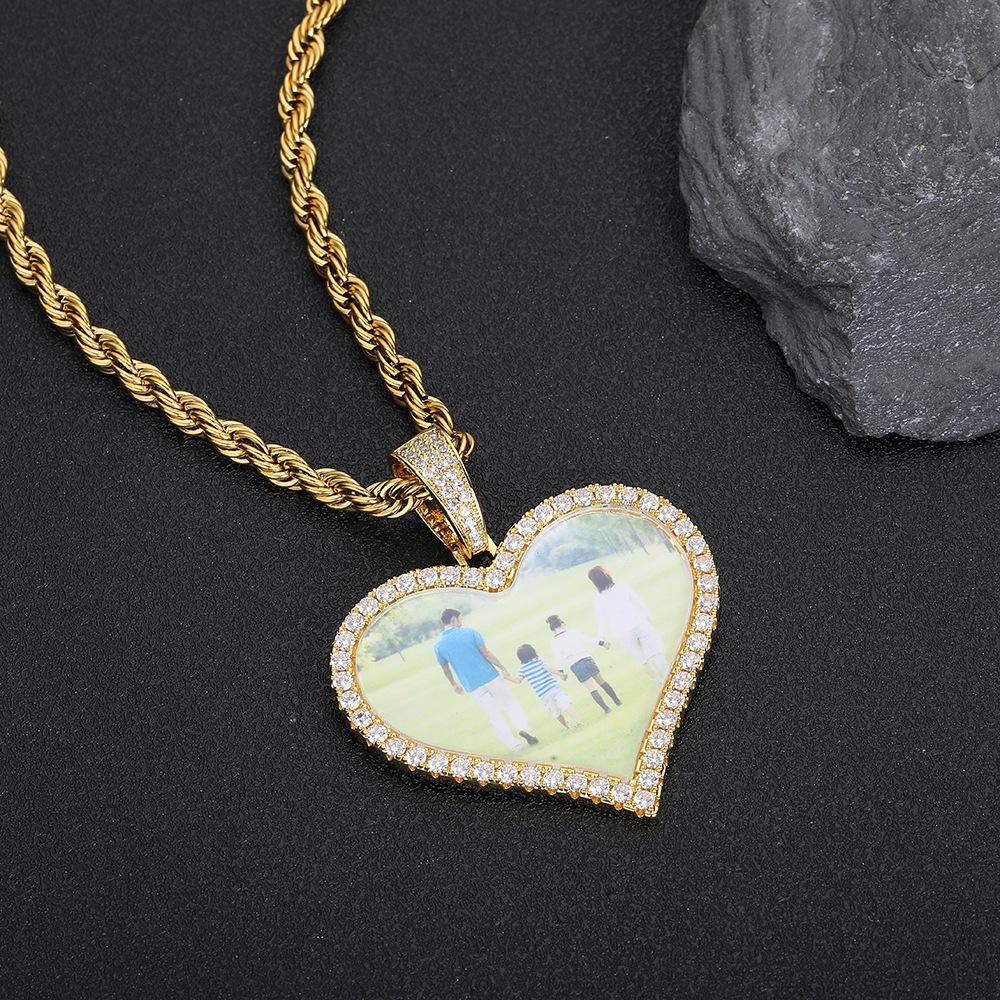 Personalized Men's Heart Pendant: European & American Hip Hop Necklace with Zircon-Embellished Photo Frame