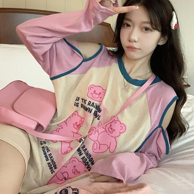 2KWEIRD  Contrast Color Loose T-shirts Cute Casual O Neck Chic Fashion Tops Kawaii Women Long Sleeve Sexy Tshirts