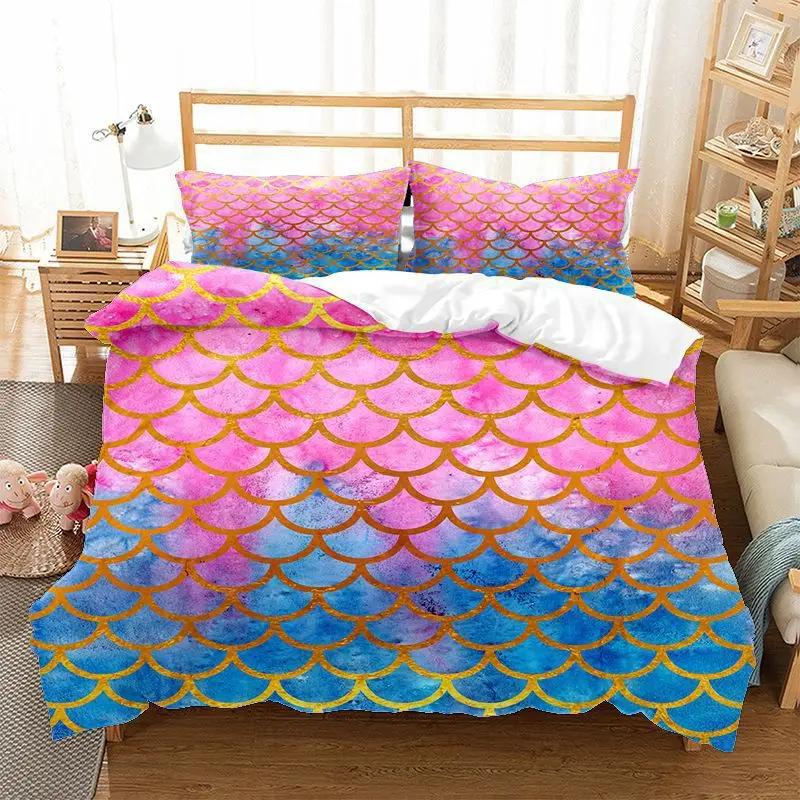 Comforter Mermaid Fish Scales Magical Colorful Seamless Pattern With Fish Scale Net Print Bedding Set Microfiber