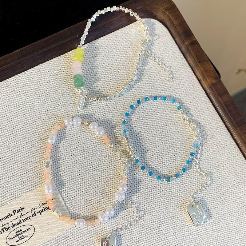 Womens Delicate Alloy Bracelet With Crystal Beads Pearl Charms Layered Stackable Jewelry Sweet Style