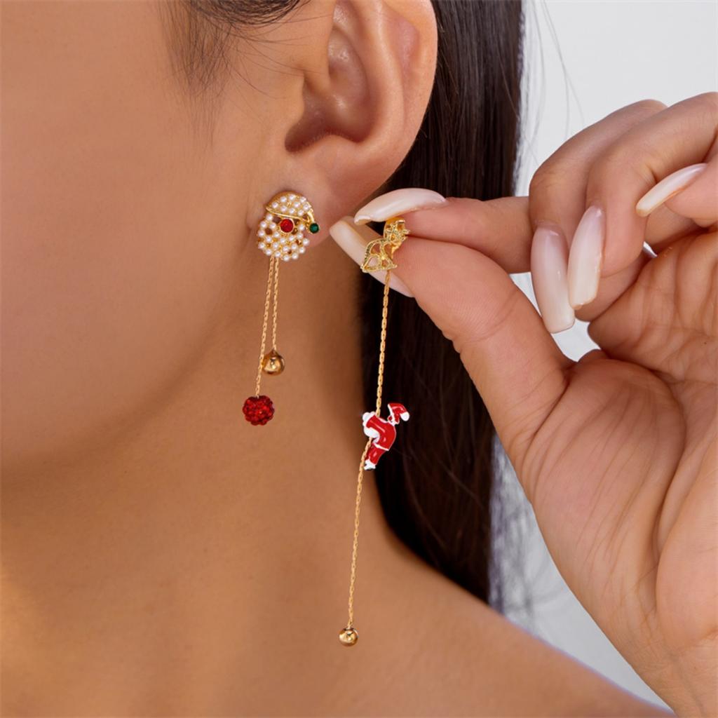 Christmas Crawling Santa Claus Asymmetric Tassel Drop Earrings Cartoon Sleigh Deer Tree Bell Glove Earring For Women Men Jewelry