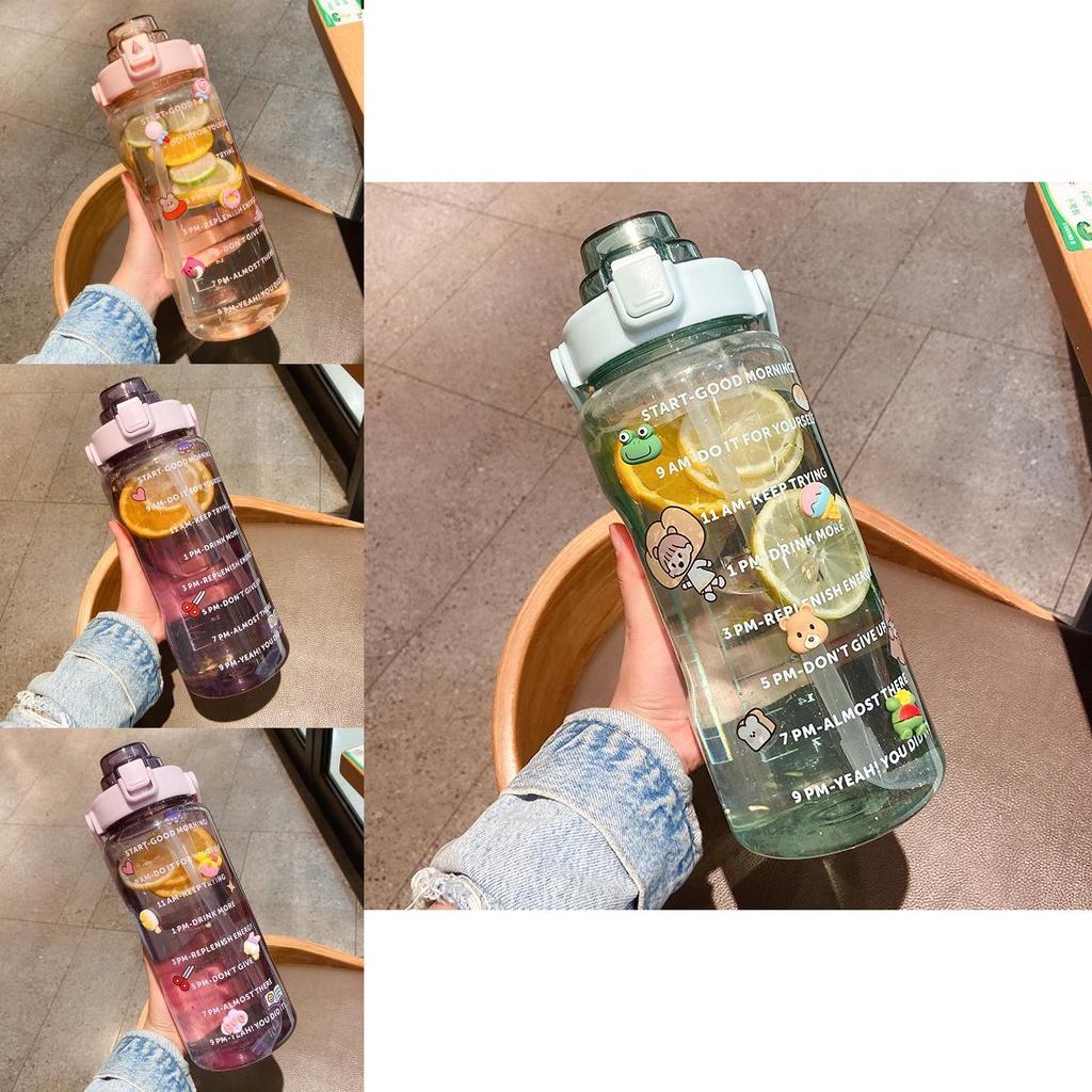 Large Capacity 2l Sports Straw Water Bottle With Time Marker And Fun Stickers