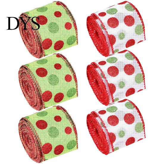 Dot Printed Wired Edge Ribbon 6 Rolls Christmas Green Red Ribbons, Decorative Wide Ribbons DIY Craft Bow Fabric Wire for Holiday Decoration (2.5 Inch