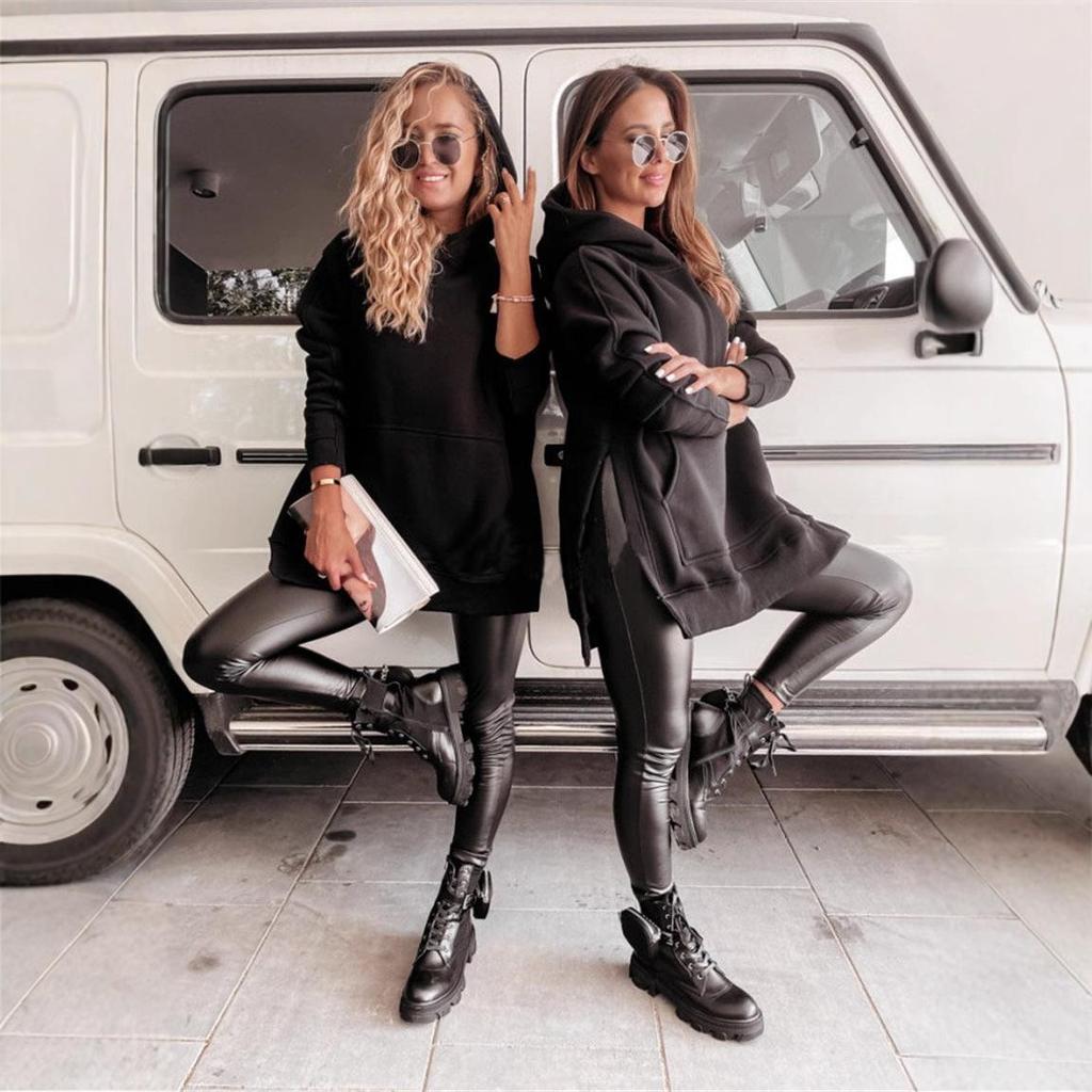 2024 Autumn/Winter Women's Solid Color Hooded Sweatshirt with Slit