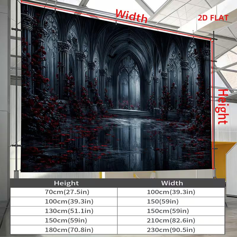 2D Spooky Gothic Cathedral Tapestry Black Water Red Rose Halloween Wall Art
