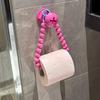 Self-Adhesive Toilet Paper Holder with Beaded Chain, no-drill wall-mounted, space-saving. Pink & yellow, ideal for modern decor and holiday gifts.