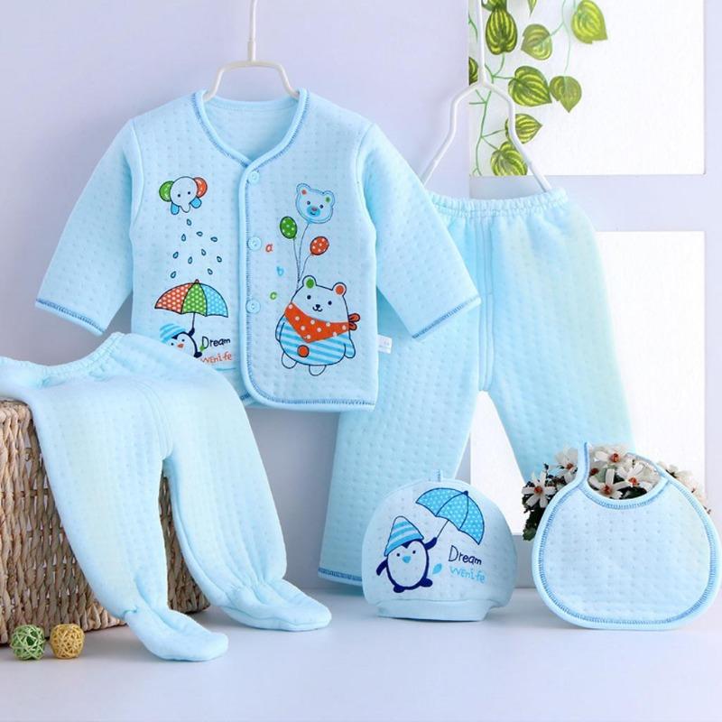 HeavyRain 5PCS Newborn Baby Boy Girl Cartoon Long Sleeve Tops+Hat+Pants +Bib Outfits Set
