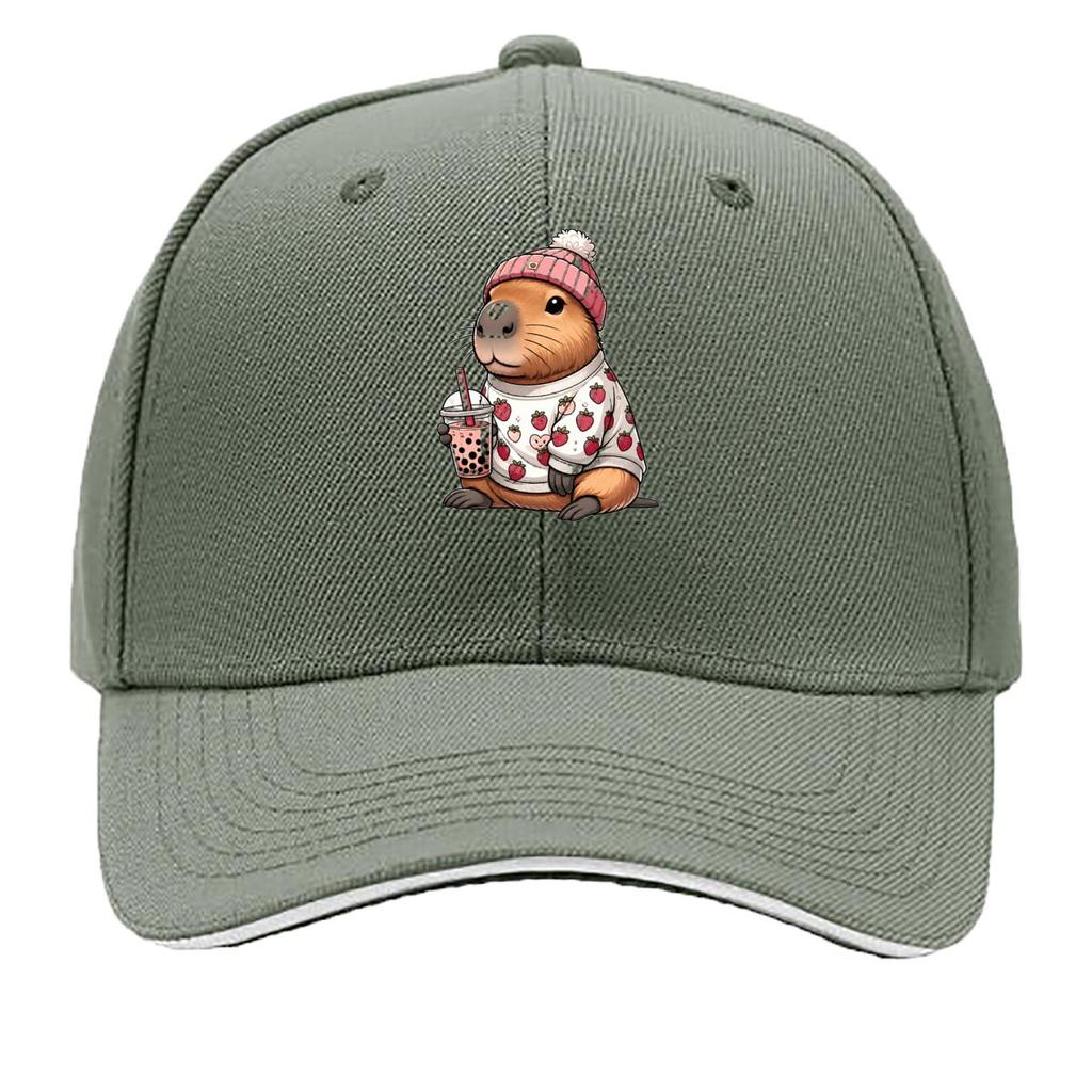 Cute Capybara Strawberry Sweater Holding Bubble Tea Sandwich Baseball Cap Unisex Women Sun Cap Outdoor Workouts Hat