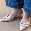 French Square-toed Woven High-heeled Sandals 2025 Summer Shoes Skeletonized Fashionable Leather Fabric Mid-heel Women Sandals