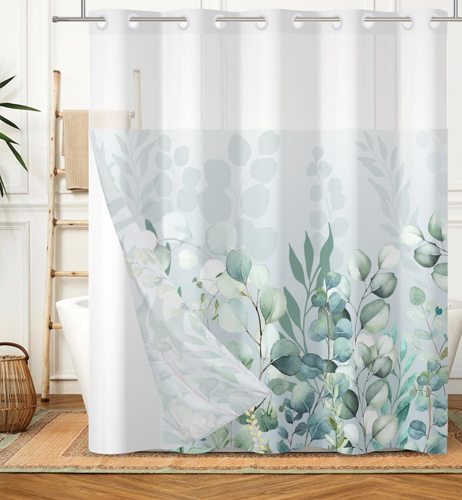 Hookless Double Layer Shower Curtain Waterproof Removable Lined Leaves Plants Flower Modern Bathroom Decorative Shower Curtains