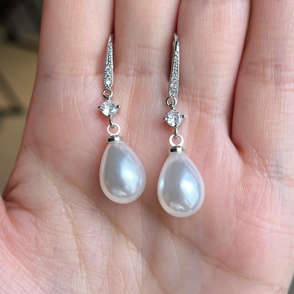 Teardrop Pearl Dangling Drop Earrings Paved Shiny Stone Fish Hook Dainty Ear Rings for Women Wedding Formal Jewelry