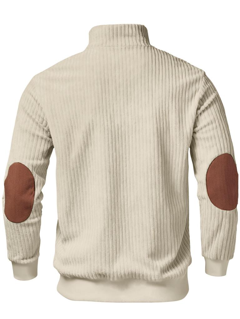 Men's Retro Stand-Up Collar Ribbed Pullover - Half-Zip, Warm Patchwork for Autumn/Winter Christmas Gift