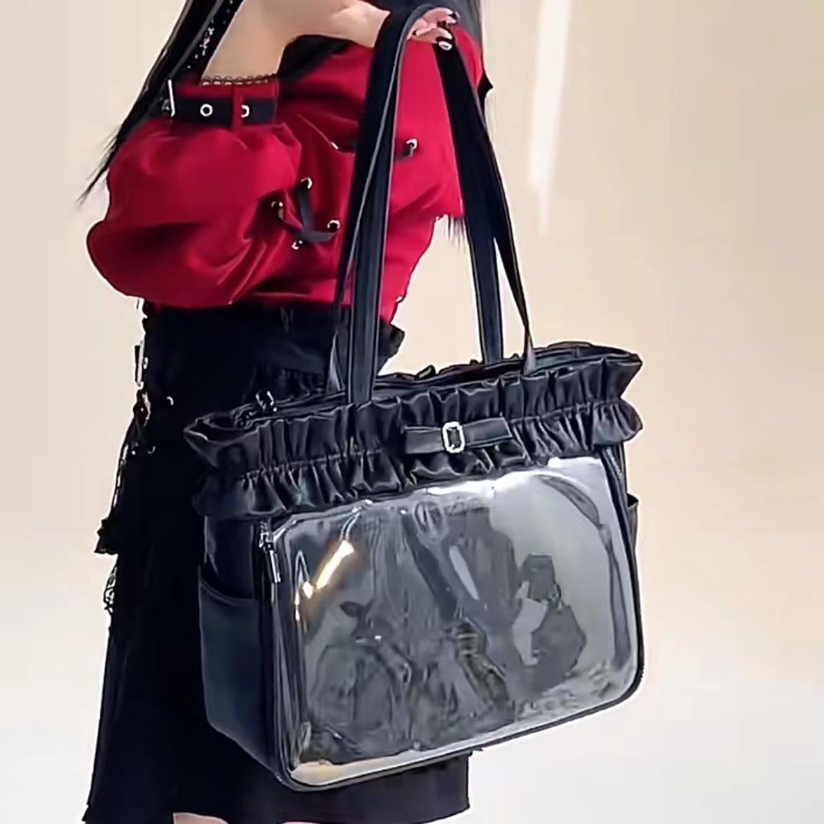 

Японский Bss Большая вместимость Прозрачный значок Миллет Боль Сумка одно плечо Тоут Большая сумка для выхода чёрный