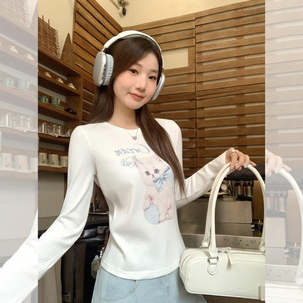 Cat Print Design Sense, White Base, Front Shoulder, Long-sleeved T-shirt, Women's Early Autumn New Slim 