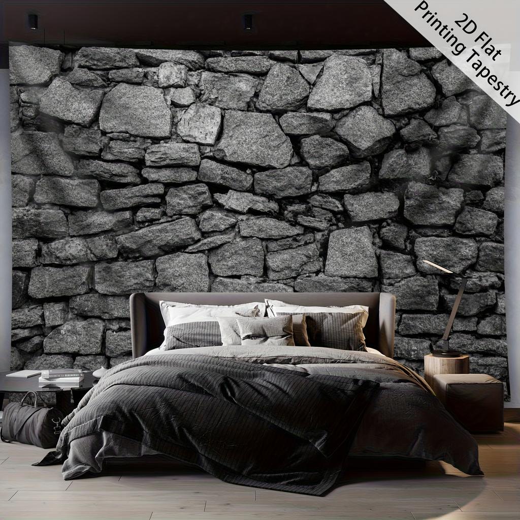 Rustic Stone Tapestry, Weathered Brick Pattern with Natural Gray Tones, Wall Art for Living Room, Minimalist Farmhouse Decor
