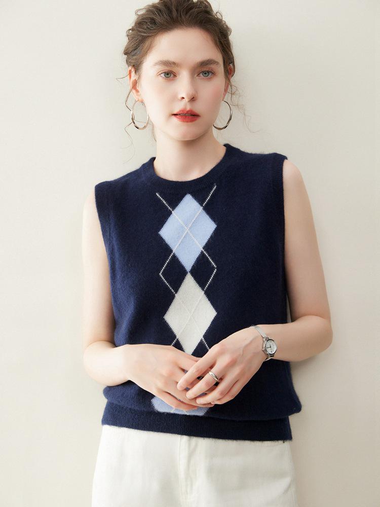 2025 A/W Women's Cashmere Diamond Pattern Sleeveless Knit Sweater Vest