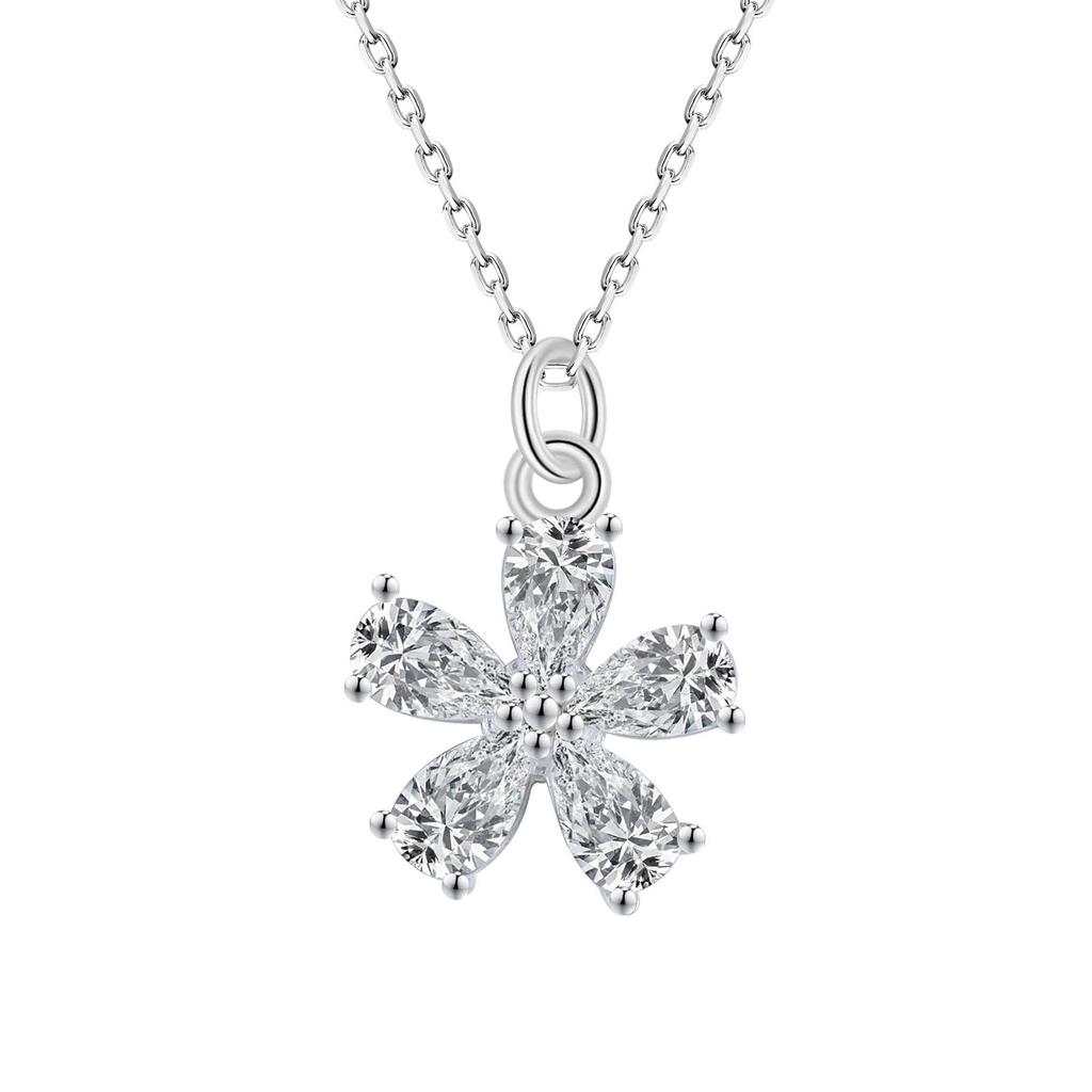 Rockyu brand jewelry - Popular necklace for women, sterling silver (925), pendant, flower design, crystal, Asian ethnic style.