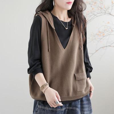 Damen Herbst Winter Strickweste Pullover mit Kapuze Lockerer Lässiger Stil Weste