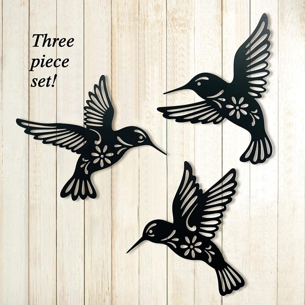 3 Pieces Metal Hummingbird Wall Art Decoration Hollow Out Iron Bird Sculpture Waterproof Wall Hanging Figurines for