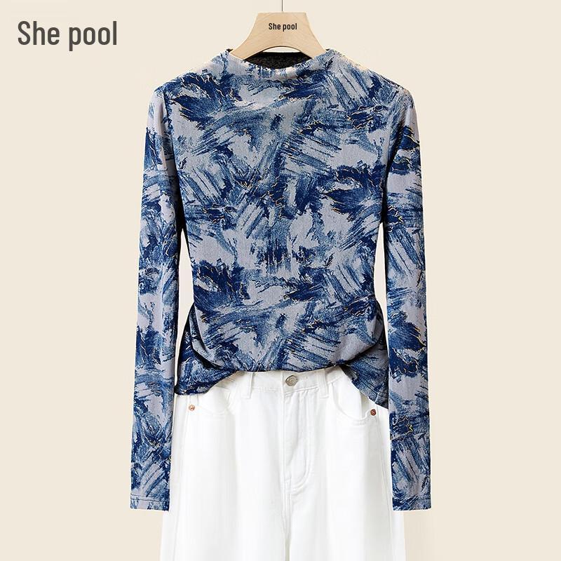 Mesh Gradient Semi-High Collar Long Sleeve T-Shirt S