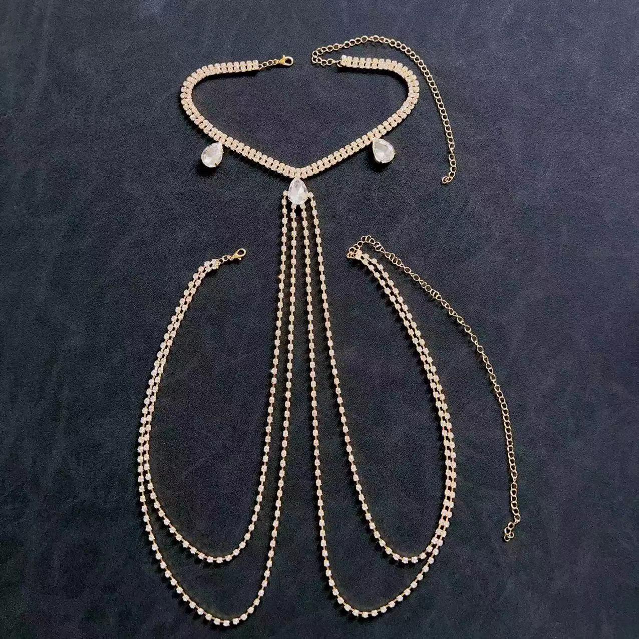 Elegant Rhinestone Geometric Tassel Body Chain Necklace - Multi-layer Women s Nightclub Accessory золотой