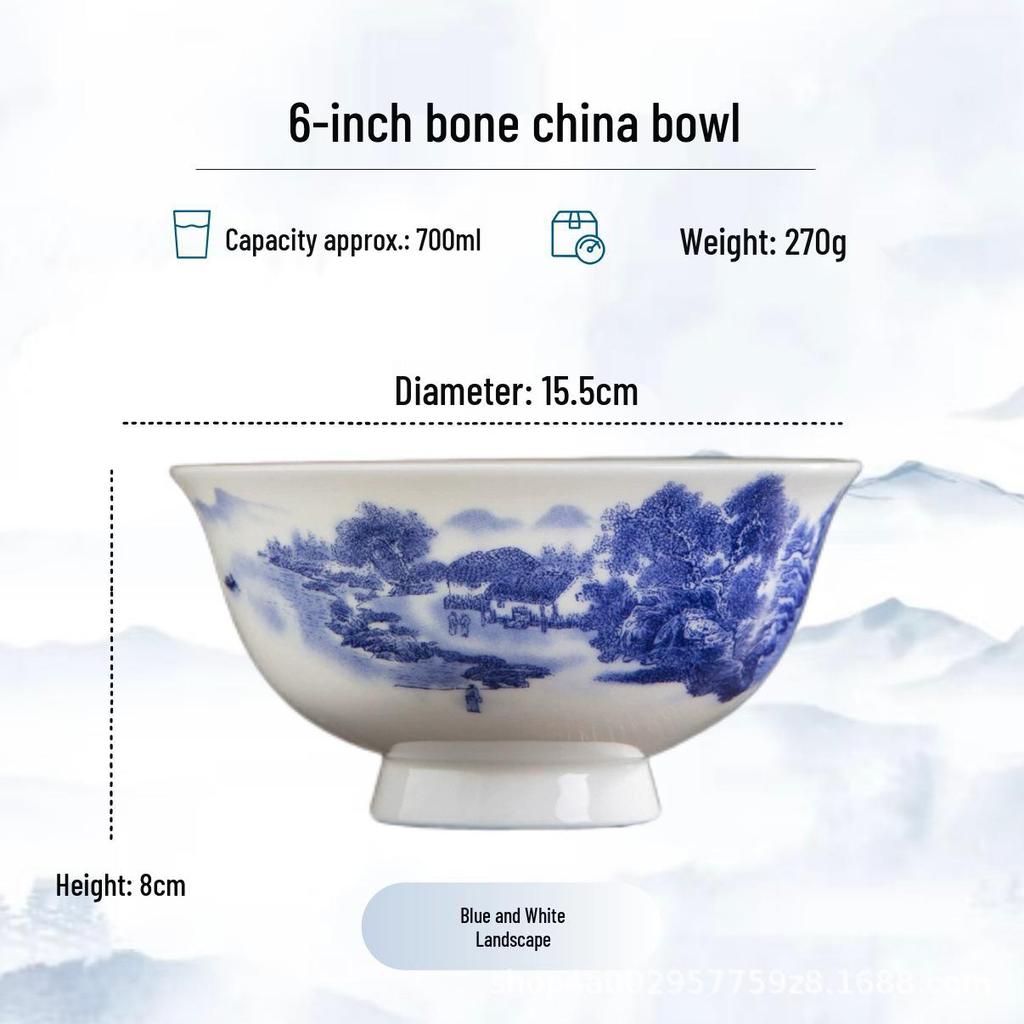 Blue and White High-Foot Bone China Noodle Bowl - Chinese-Style, Anti-Scald, Customizable for Birthdays